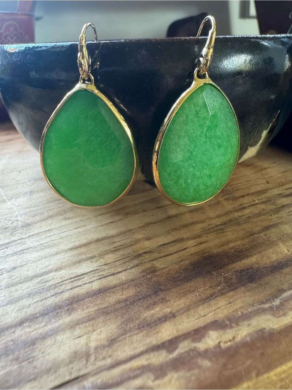 Stella & Dot Green Teardrop Stone Earrings with Gold Tone